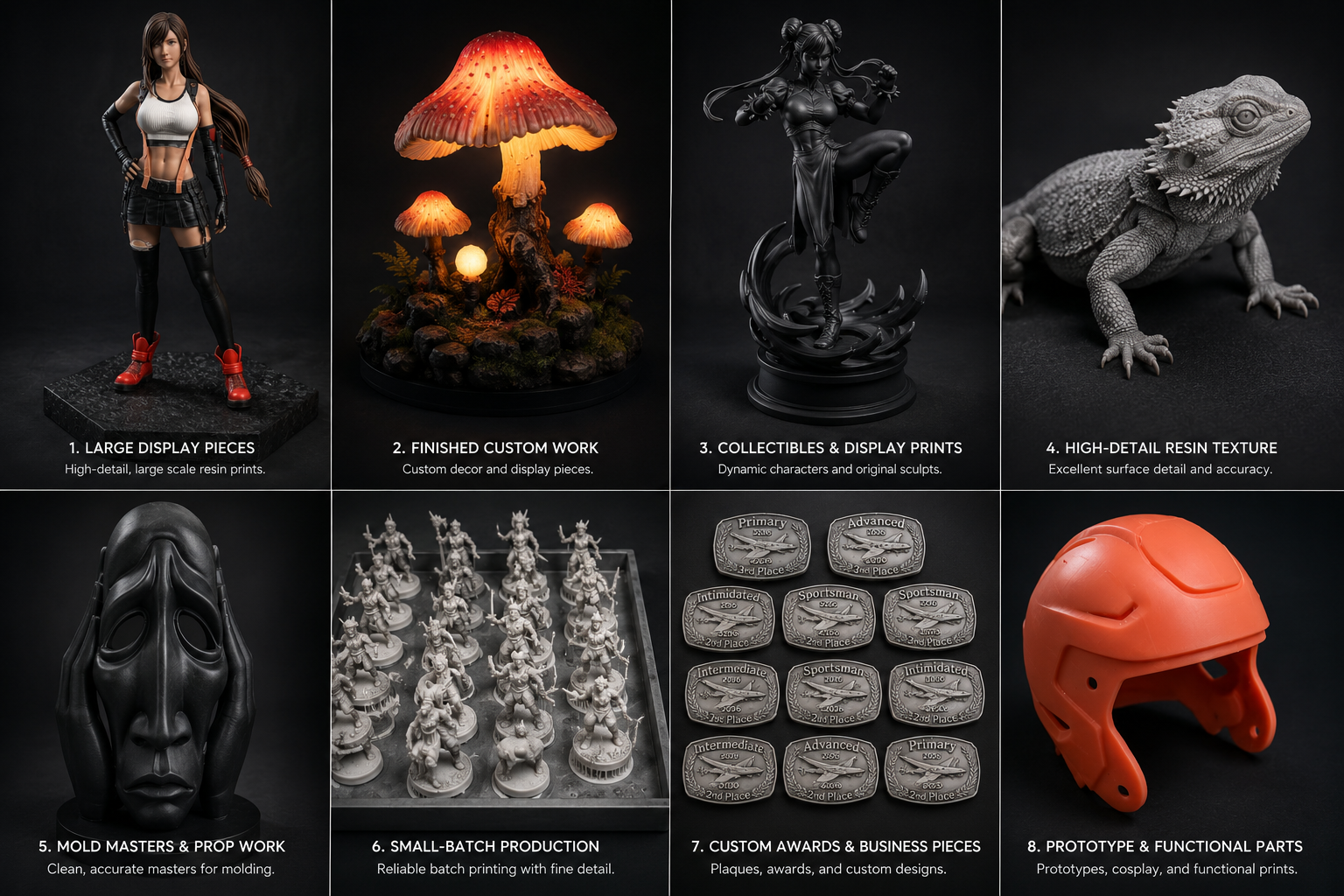 Professional gallery layout showing custom resin print examples including display pieces, miniatures, batch production, mold masters, awards, and prototype parts.