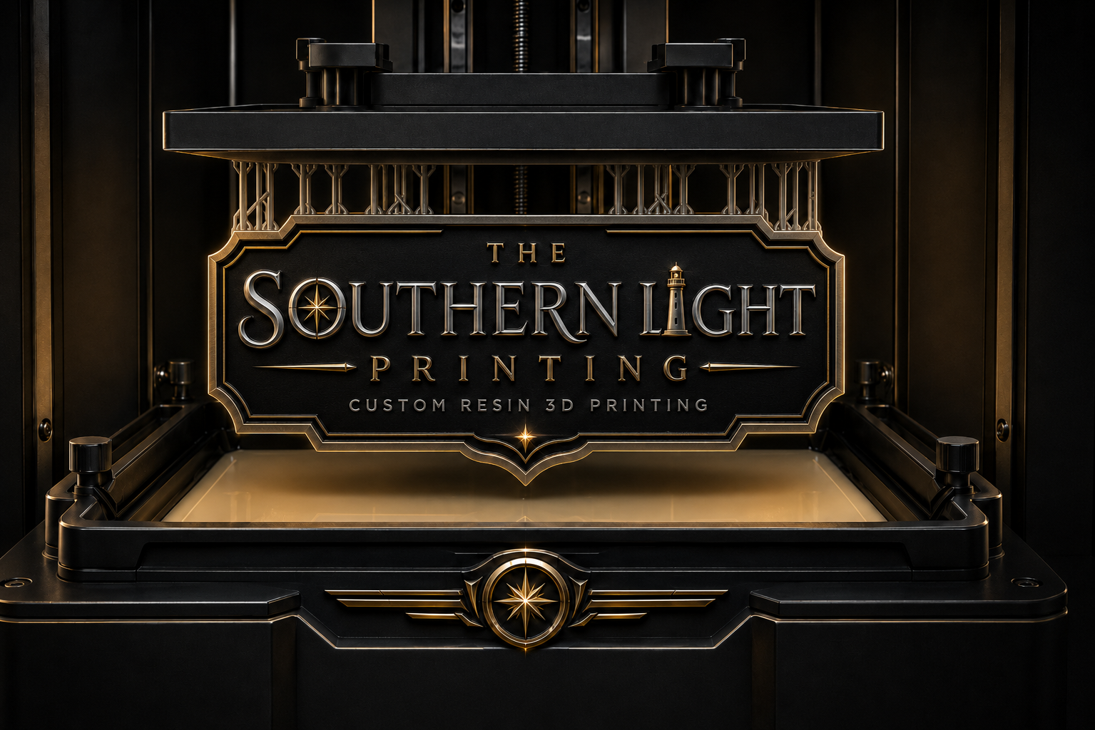 The Southern Light Printing custom resin 3D printing logo displayed as a resin plaque printing inside a resin printer.
